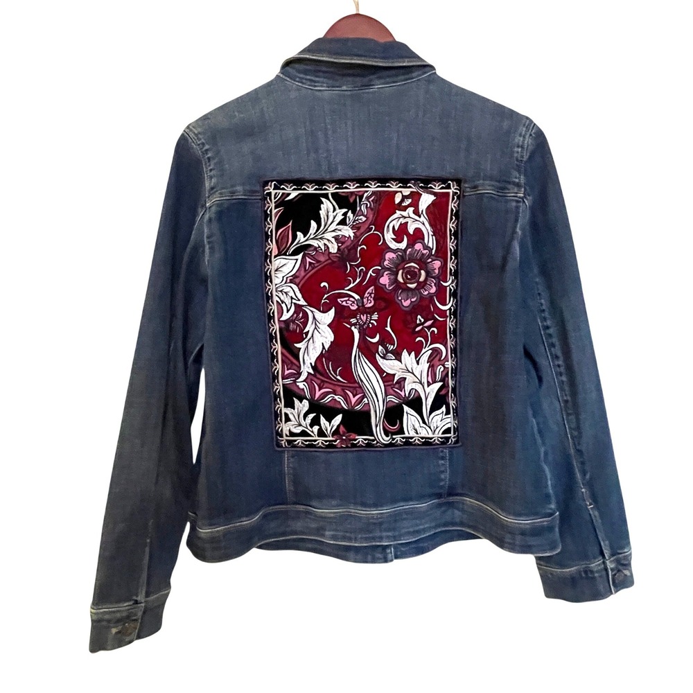 Chicos Denim Jacket Boho Womens 1 M/L Floral Crane Velvet Back Patch Embroidered
